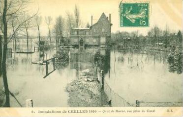 1 vue  - Les inondations de 1910 Chelles - Quai de Marne, vue prise du Canal (ouvre la visionneuse)
