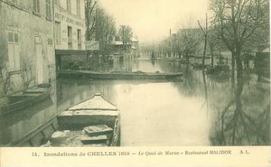 1 vue  - Les inondations de 1910 Chelles - Le Quai de Marne - Restaurant MALIDOR (ouvre la visionneuse)