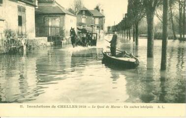 1 vue  - Les inondations de 1910 Chelles - Le Quai de Marne - Un cocher intrépide (ouvre la visionneuse)